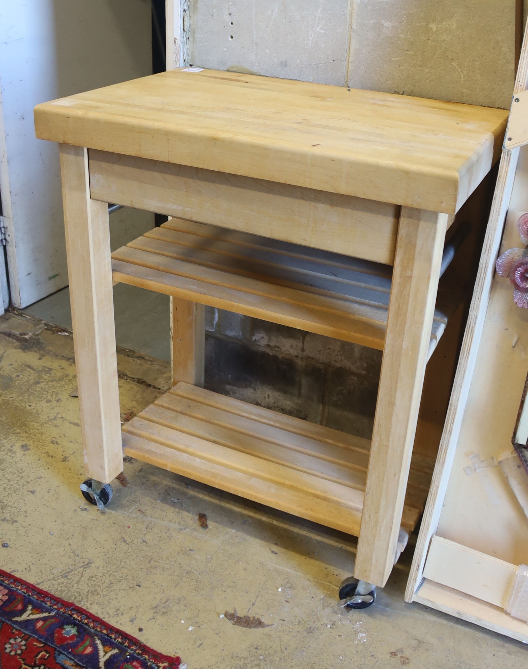 A modern beech butcher's block, fitted drawer, width 76cm, depth 50cm, height 53cm